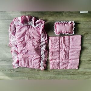 18”Doll Bec Blanket Quilt Comforter Pillow Pink Gingham And Lace
